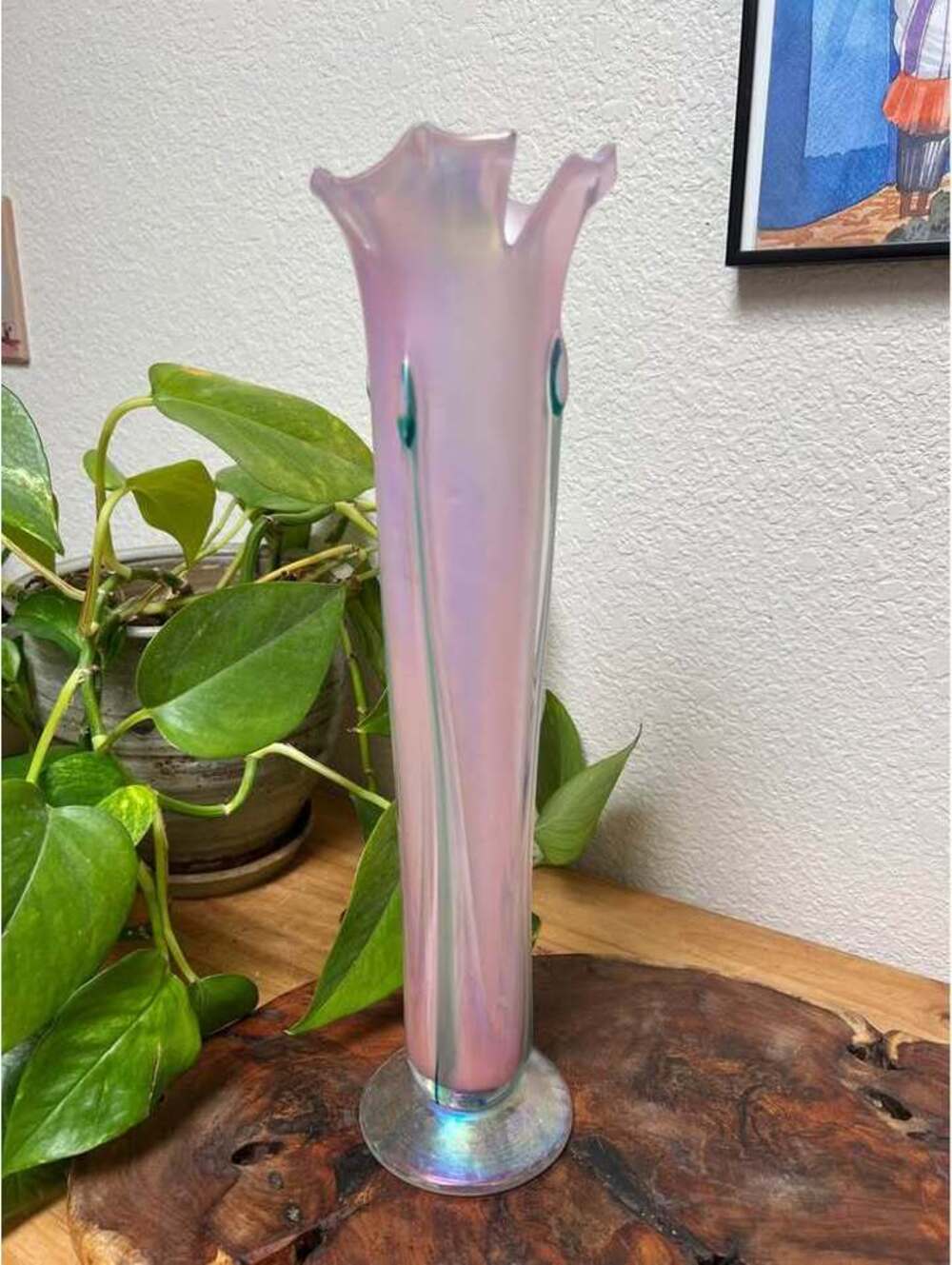 Handblown Art Nouveau Glass Vase Ron Mynatt Callahan Mountain Studio Pink Green